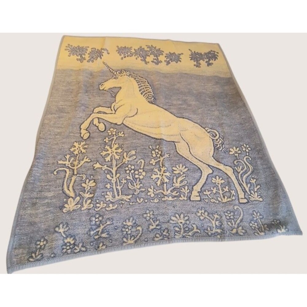 VINTAGE Biederlack Unicorn 69” x 60” Blue White Throw Blanket